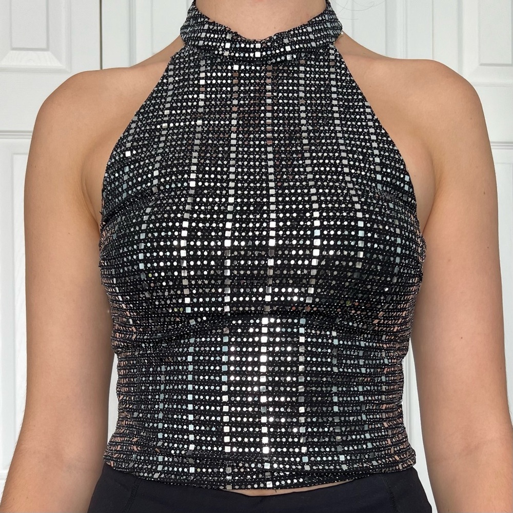Women's Blashe Disco Ball Silver Halter Neck Top - S
